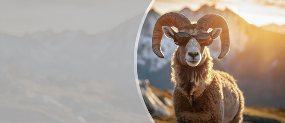 Mountain ram in sunglasses. Concept style of a goat wearing sunglasses