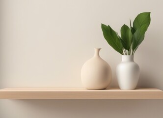 Cream color wall mock up with Vase and green plant on wooden shelf, Generative AI