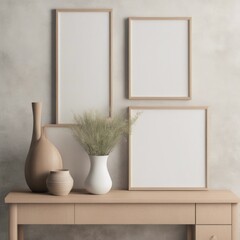 Interior poster mockup with vertical wooden frame in home interior background with vase, Generative AI