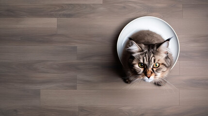 Cute little hungry kitten sitting on its food plate and looking up, waiting with innocent looking for more food on a wooden floor  - obrazy, fototapety, plakaty