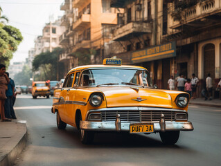 A yellow taxi blends into the chaos of a bustling city street, skillfully navigating traffic.