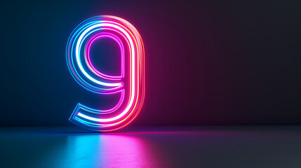 Abstract neon number Nine, 9 , illuminated in a linear fashion against a mesmerizing black backdrop