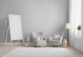 Mockup wall in the children's room with gray armchair on light white color wall, Generative AI