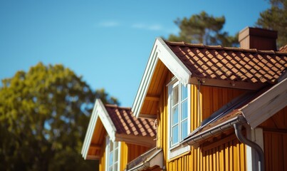 Cozy swedish house style with wood and red color combination - obrazy, fototapety, plakaty