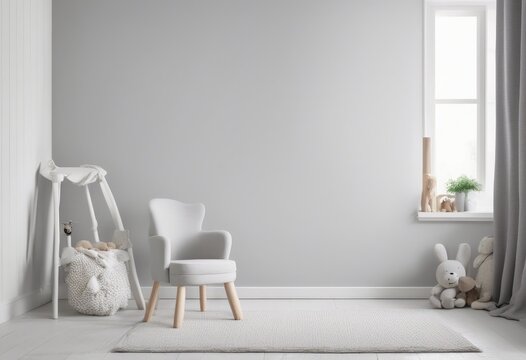 Mockup wall in the children's room with gray armchair on light white color wall, Generative AI