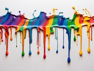 Rainbow colored paint dripping on white background