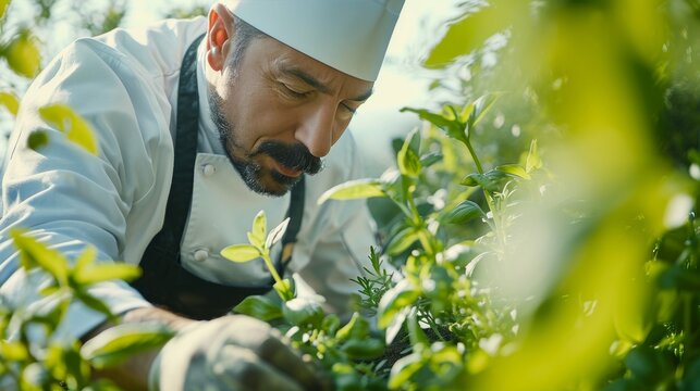 Chef Harvesting Fresh Herbs in a Uniform, Spring