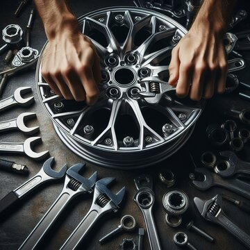Hands disassembling a modern car wheel (steel rim) with a lug wrench for change wheel