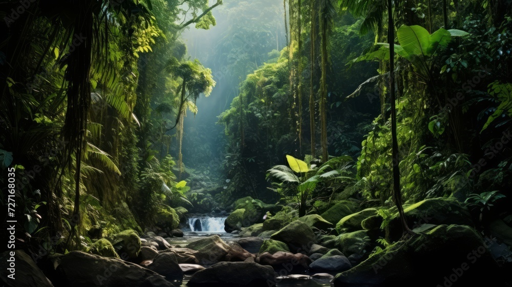 Poster lush rainforest with diverse flora and fauna, emphasizing biodiversity and ecosystem preservation. g