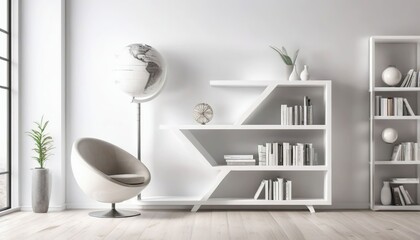 White bookshelf with books and globe. 3d illustration.