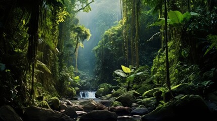 Lush rainforest with diverse flora and fauna, emphasizing biodiversity and ecosystem preservation....