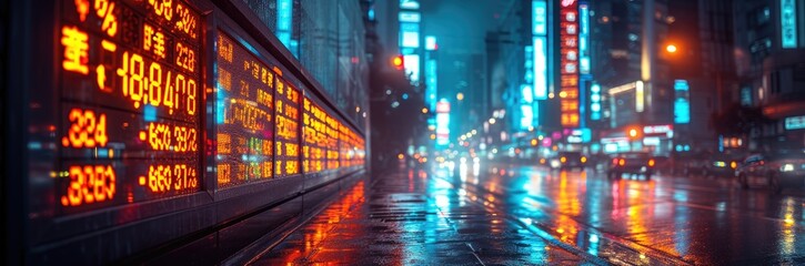 A futuristic cityscape at night, illuminated by digital billboards showing live stock market feeds from around the world
