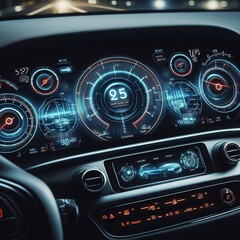 Modern car instrument dashboard panel in night time