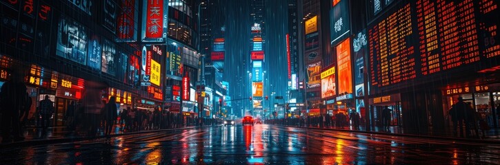 Fototapeta na wymiar A futuristic cityscape at night, illuminated by digital billboards showing live stock market 
