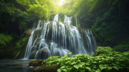 Majestic Waterfall in the Heart of a Vibrant Green Forest, Spring