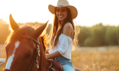 Cowboy woman on riding on horse. Beautiful cowgirl posing on prairie in sunset light. - obrazy, fototapety, plakaty