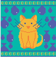 cute yellow cat on a blue background with fish, pixel, embroidery