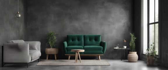 Style loft interior with dark green armchair on dark cement wall, Generative AI