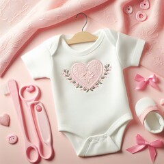 White baby clothes on pink background copy space