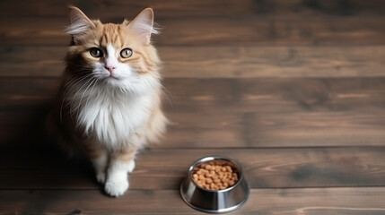 Cute little hungry kitten sitting on floor looking up and waiting with innocent looking for more food on a wooden floor and a food bowl next to him  - Powered by Adobe