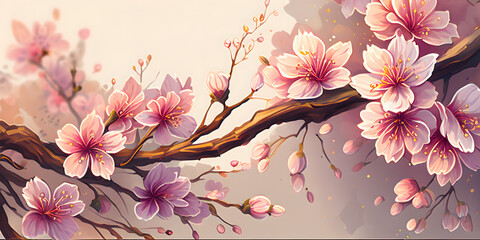 Spring wallpaper with sakura blossom. Generative AI.