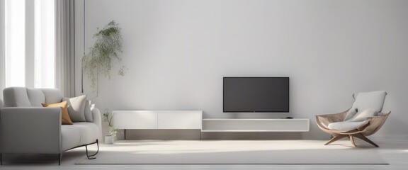 Cabinet for TV on the white plaster wall in living room with armchair,minimal design, Generative AI