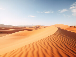 Fototapeta na wymiar Endless sand dunes create a mesmerizing landscape, stretching far into the horizon under a clear sky.