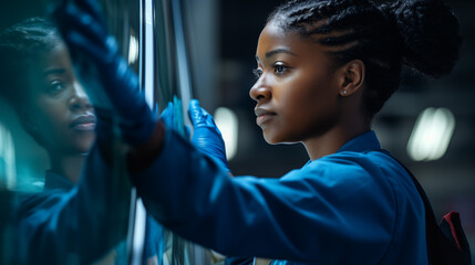 an African female auto mechanic cleaner takes on the task of cleaning a car's window glass with a vibrant blue rag. - Powered by Adobe