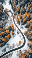Aerial view of the winding Snake Road in winter in the Dolomite Alps of Italy
