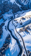 Aerial view of the winding Snake Road in winter in the Dolomite Alps of Italy