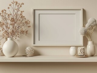 white photo frame with plants in vase on white wall for room interior. ai generated