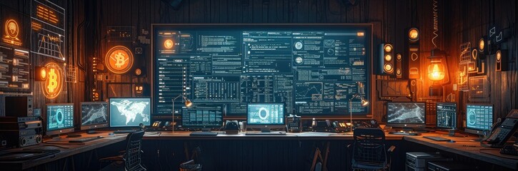 A hacker's lair with screens displaying cryptocurrency codes and live hacking attempts on wallets