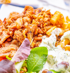 Greek salad with fresh vegetables, feta cheese, tomatoes and olives. Healthy food.