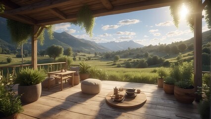 Picturesque Escape - Wooden Home Terrace with Alpine Views and Lush Green Fields - obrazy, fototapety, plakaty
