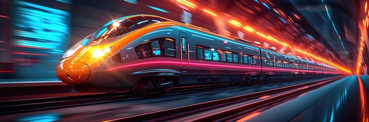 A high-speed train zooming through a landscape dotted with crypto mining rigs