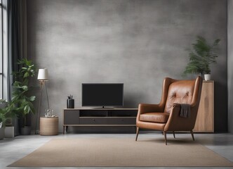 TV on Cabinet in modern living room with leather armchair and decoration have concrete wall background, Generative AI
