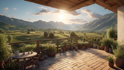 Elevated Living - Wooden House Terrace Amidst Green Fields and Mountain Serenity - obrazy, fototapety, plakaty