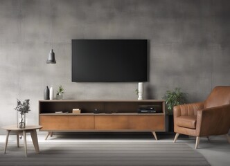 TV on Cabinet in modern living room with leather armchair and decoration have concrete wall background, Generative AI