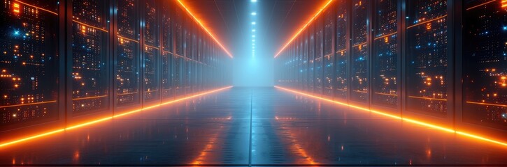 A high-tech blockchain data center with rows of glowing servers under cool, blue lights, symbolizing the backbone of cryptocurrency