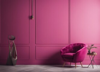 Dark wall background mockup with viva magenta armchair furniture and decor of the year 2023, Generative AI