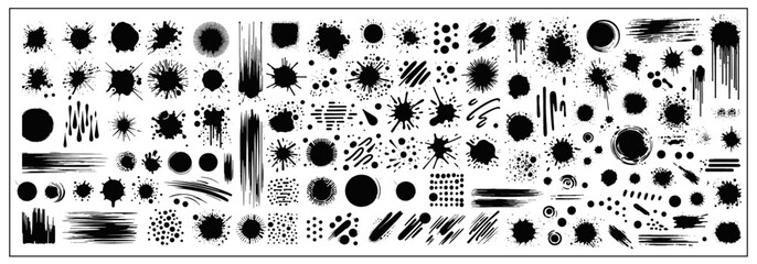 A collection of spots and stains. Black ink stains and dirt spots scattered with isolated drops and spots. Urban street style ink blots, dots or lines. Isolated vector illustration	 - obrazy, fototapety, plakaty
