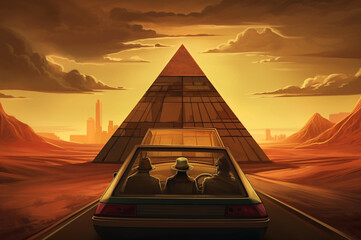 Illustration of pyramids and cars in another world