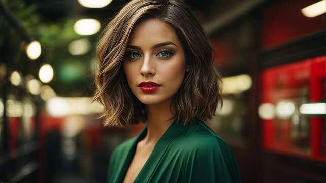 Brunette in bob hairstyle and red lipstick