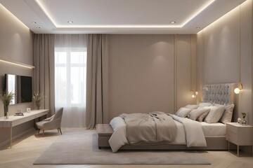 modern interior design. 3D rendering of the bedroom. Front view.