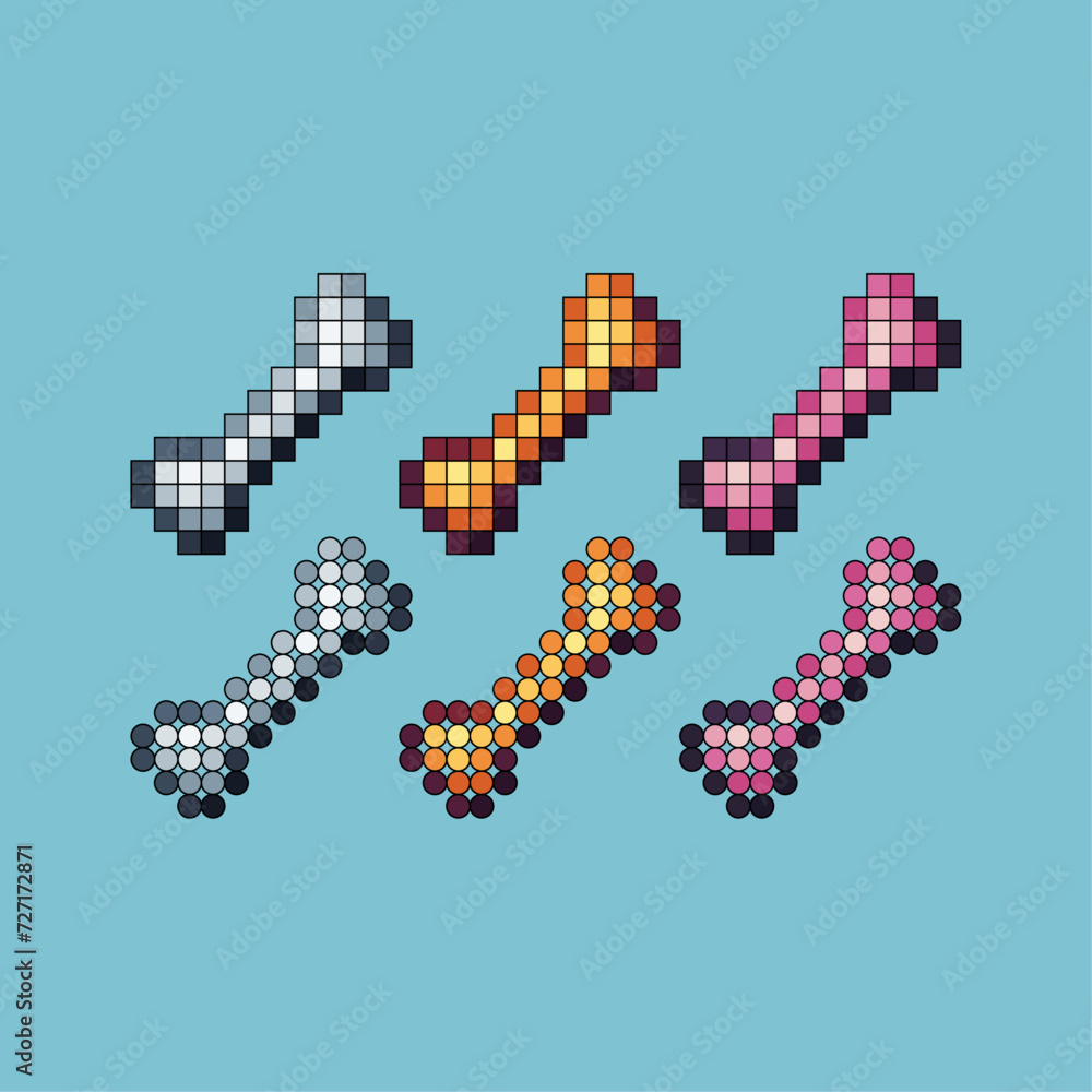 Poster pixel art stroke sets icon of single bone logo variation color. bone skull icon on pixelated style. 