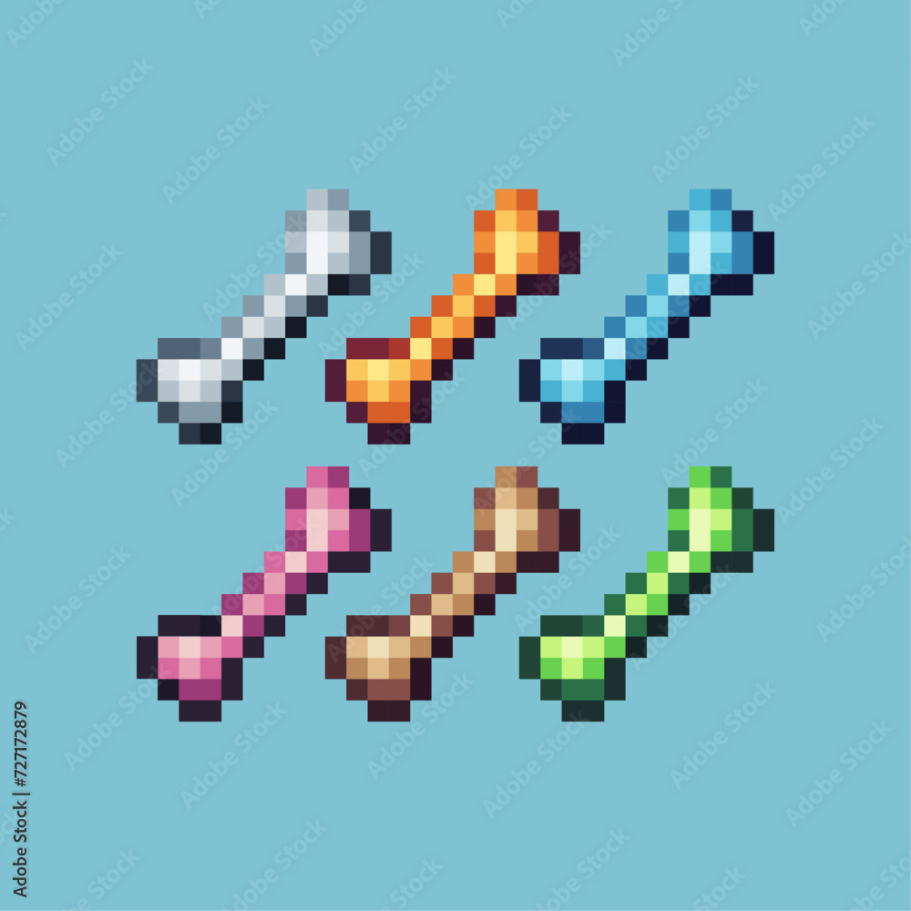 Poster pixel art sets icon of single bone logo variation color. bone skull icon on pixelated style. 8bits i