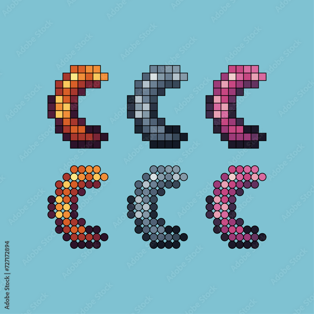 Poster pixel art stroke sets icon of ramadhan moon logo variation color. moon icon on pixelated style. 8bit