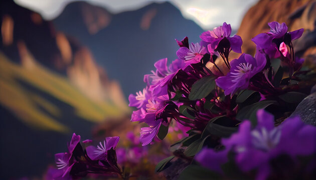 Beautiful purple flowers in the mountains. Blooming Sally. Summer. Wildlife scenery closeup background, Ai generated image