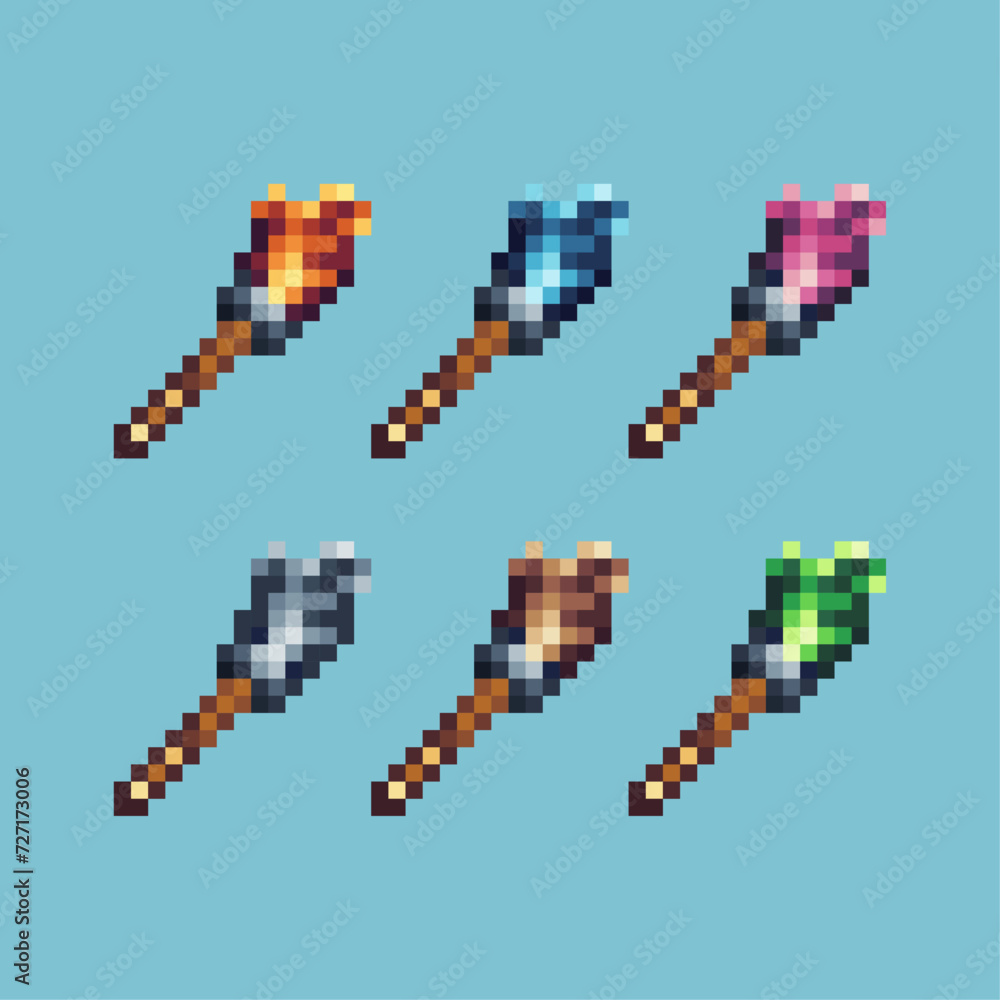 Poster pixel art sets icon of torch mining item logo variation color. torch icon on pixelated style. 8bits 