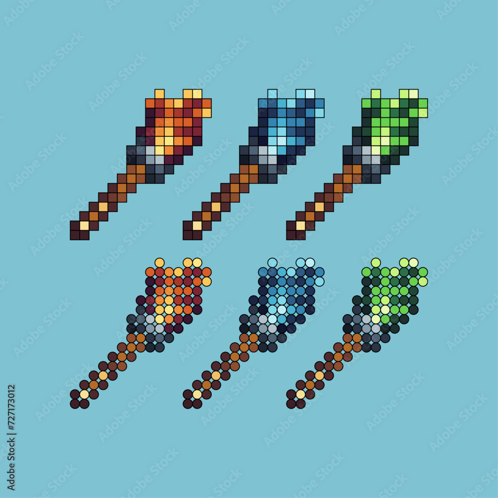 Poster pixel art stroke sets icon of torch mining item logo variation color. torch icon on pixelated style.